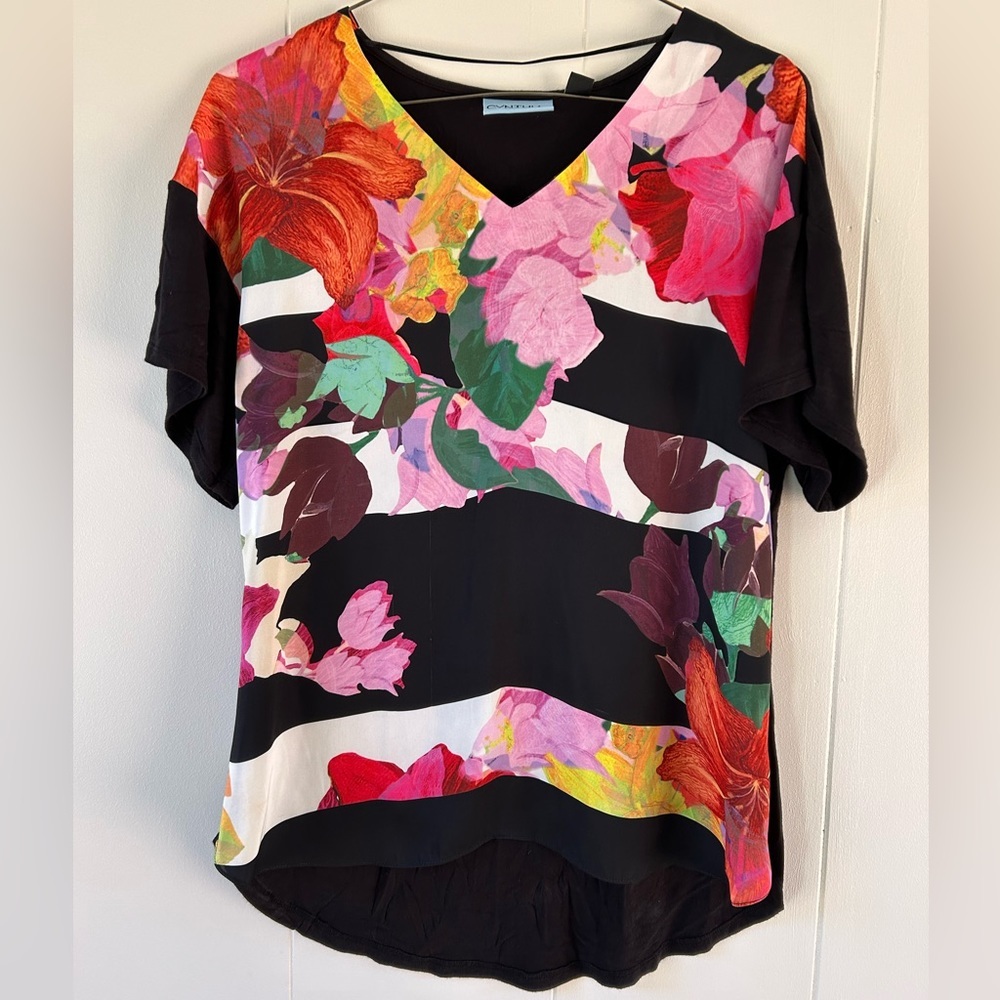 Cynthia Rowley Black Multi Floral High Low Blouse